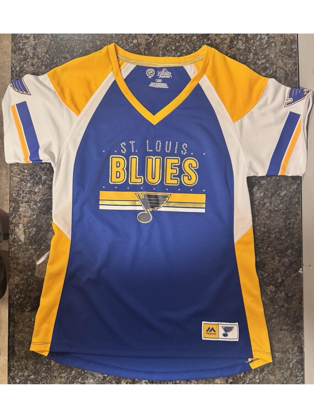 St. Louis Blues NHL Hockey Jersey Blue/Yellow T-Shirt Size L Woman’s Rhinestone